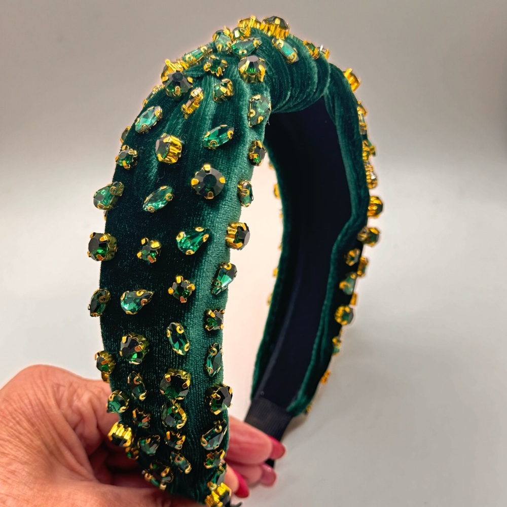 Green velvet headband with green crystals and Gold hardware - comfy NWT
